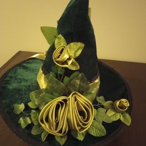 Velvet Green and Gold Ladies Wizard Garden Witch Fairy Hat